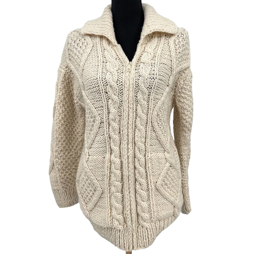 Vintage Sisandina‎ Wool Chunky Cable Knit Cream Sweater Jacket Ecuador Med